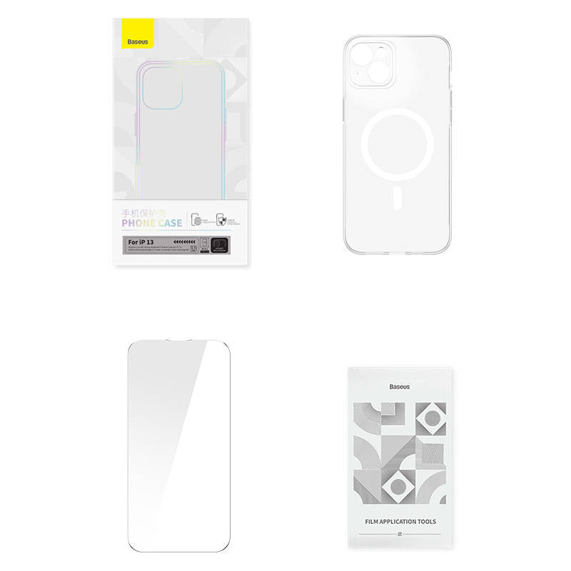 Phone case Baseus Magnetic Crystal Clear for iPhone 13 (transparent) with all-tempered-glass screen protector and cleaning kit
