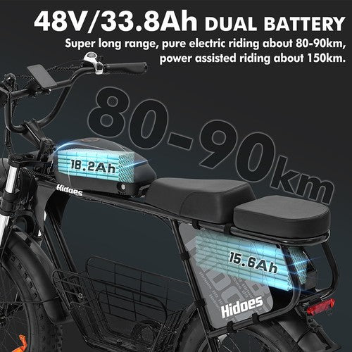 „Hidoes B9“ elektrinis dviratis, 750 W variklis, 48 V 18,2 Ah + 15,6 Ah dviguba baterija