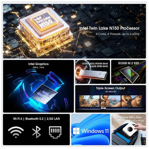 CHUWI LarkBox X mini kompiuteris, „Intel N150“ 4 branduolių maks. 3,6 GHz procesorius, 16GB RAM, 512GB